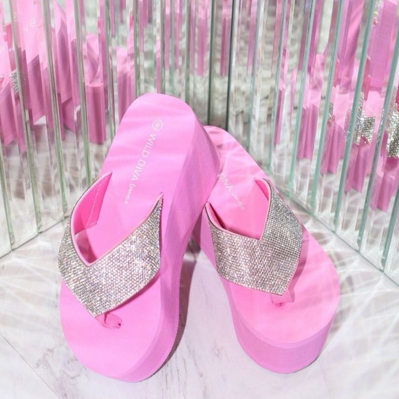 Wild Diva Heat Pink Y2K Rhinestone Embellished Ultra Platform Wedge Sandal - Picture 1 of 10